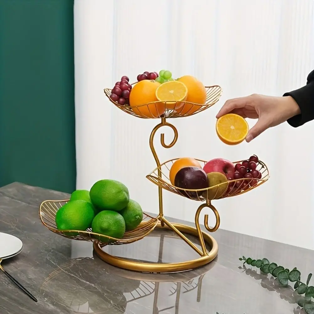 Cesta de frutas de 3 niveles con forma de hoja de loto, bandeja de almacenamiento de frutas que ahorra espacio de alambre de Metal con Base, estante de almacenamiento Vintage, decoración del hogar