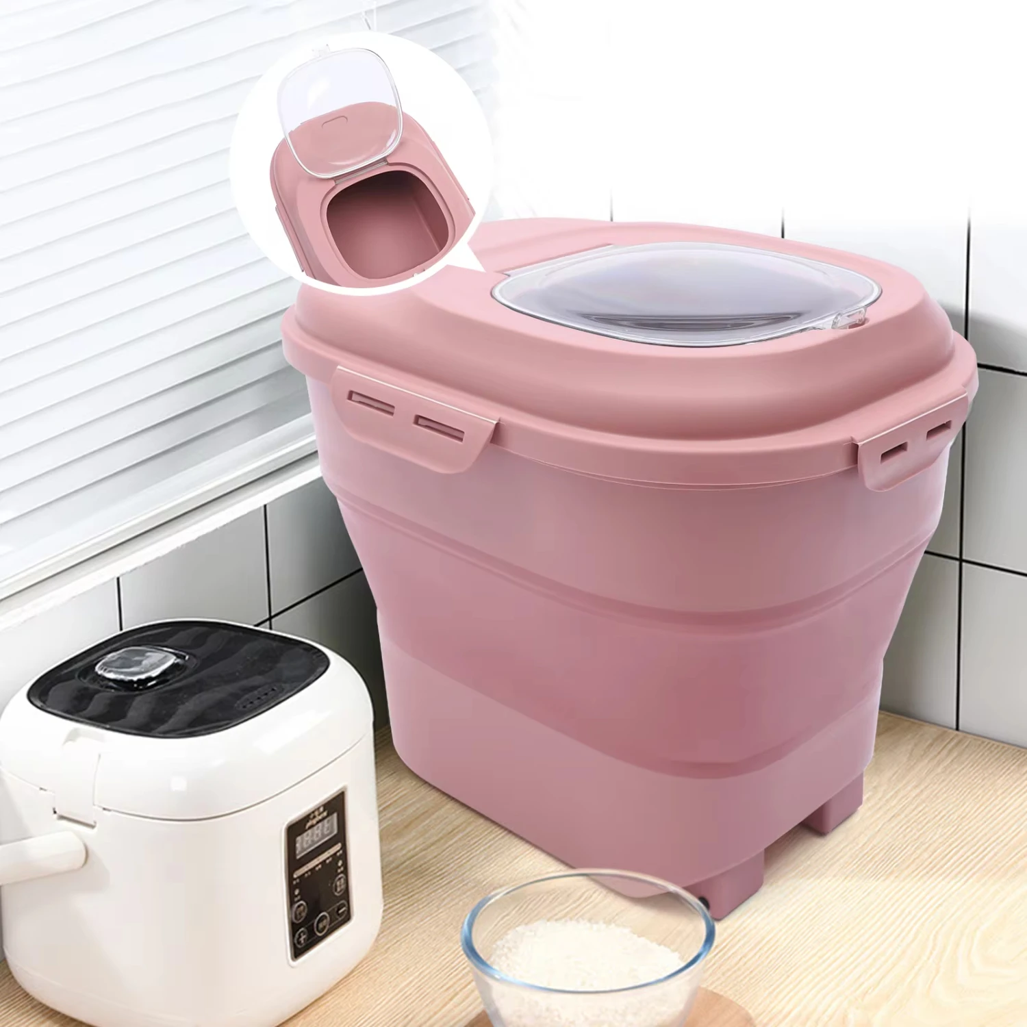 PP Rice  Box Holds 10-25kg Rice Foldable and Moisture-Proof Rice Bucket with Transparent lid Pink  Box  Kitchen