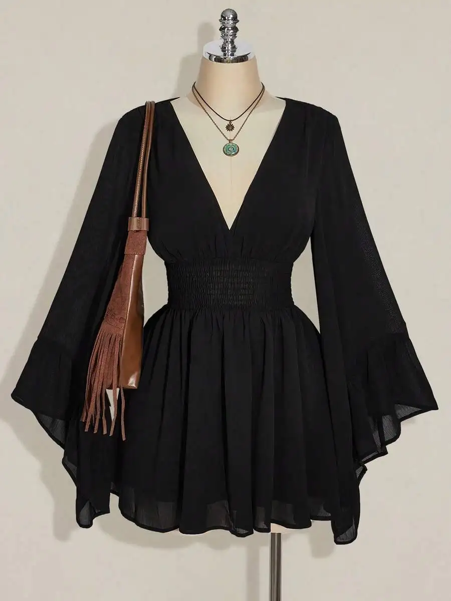 

Black Chiffon V-Neck Flare Sleeve A-Line Dress with Smocked Waist