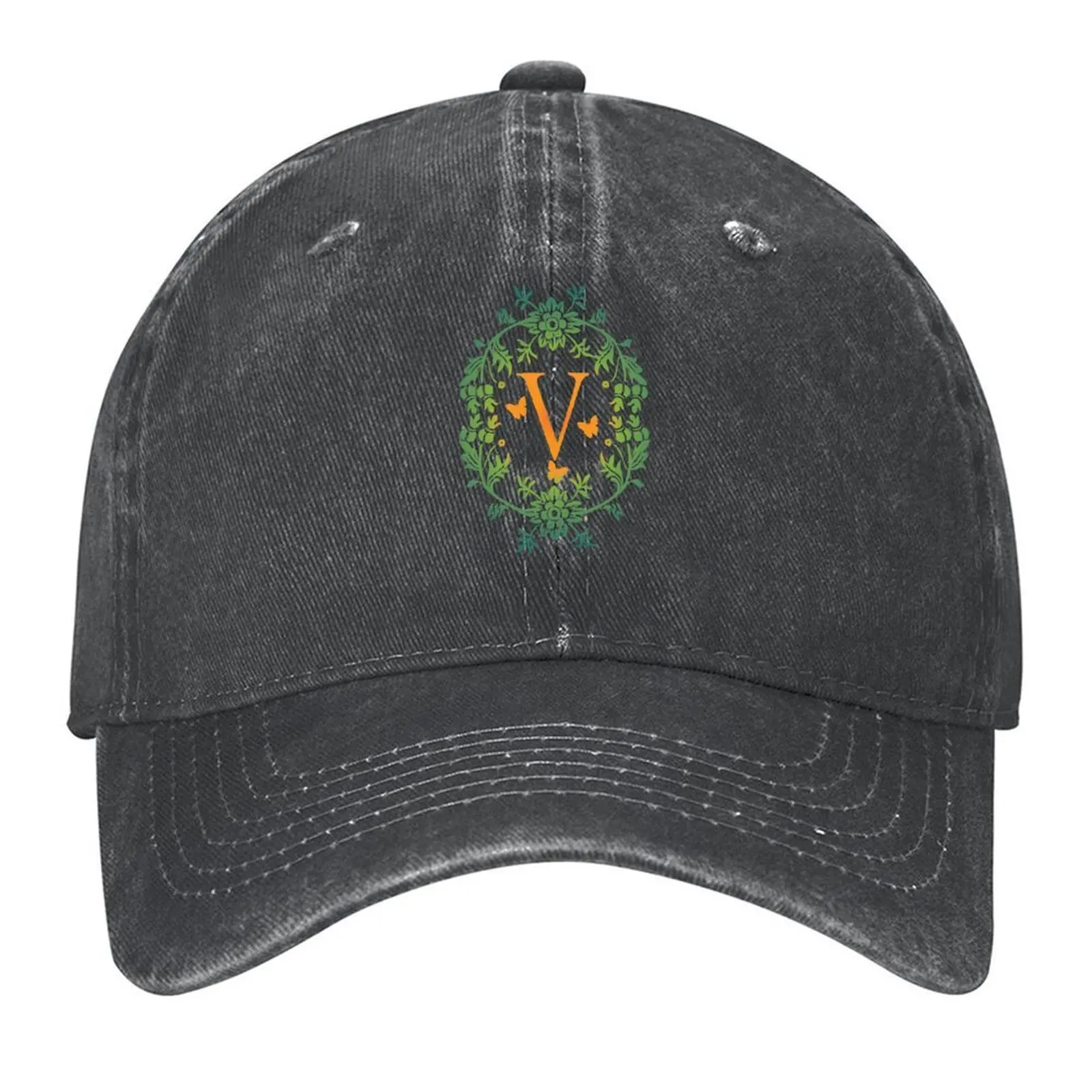 

Ornamental Letter V, Green And Yellow Flowers And Butterfly, Monogram Letter Ornament Baseball Cap