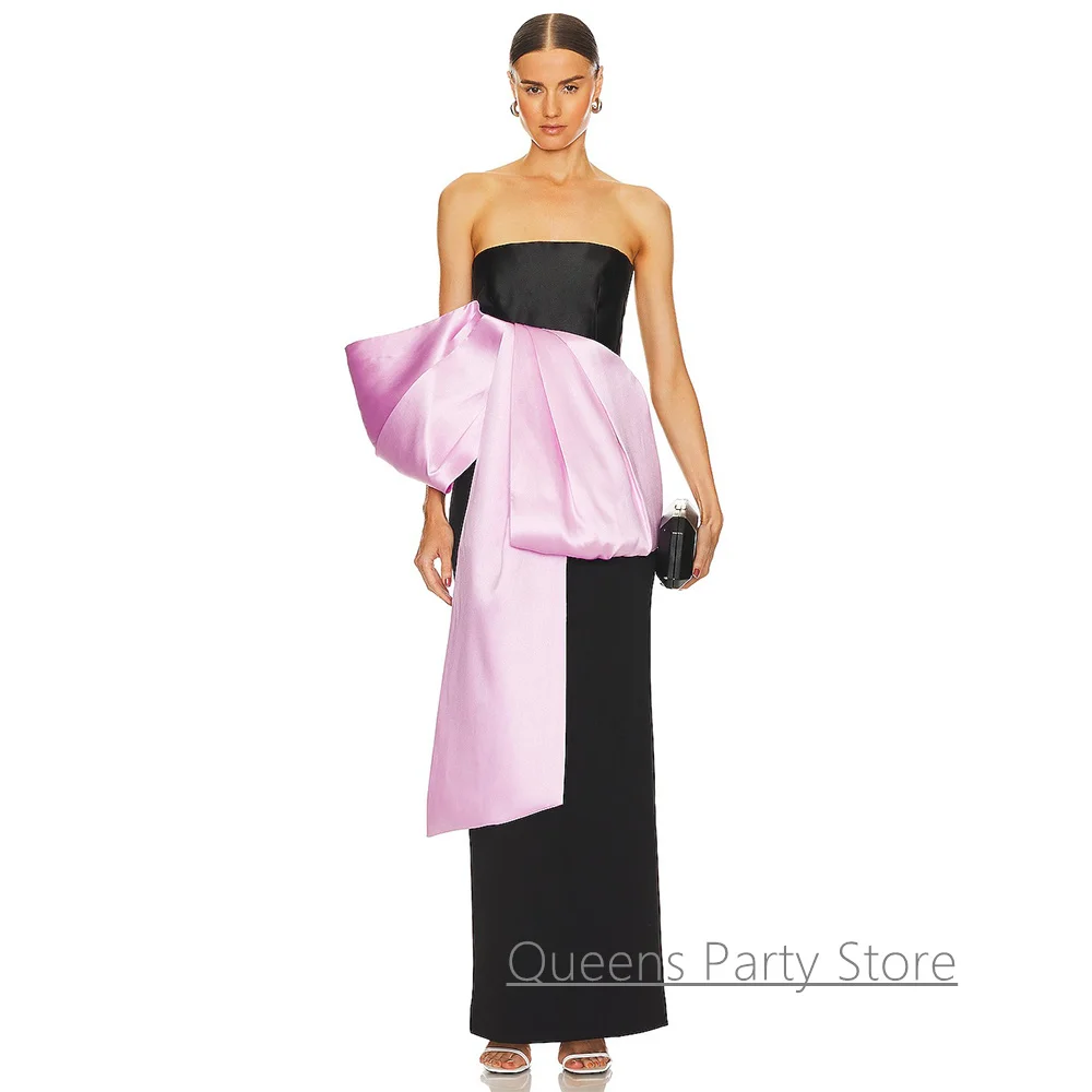 

Saudi Arabia Evening Dress Customized Strapless Sleeveless Big Bow Ankle Length Arab Party Gown Simple Prom Dresses