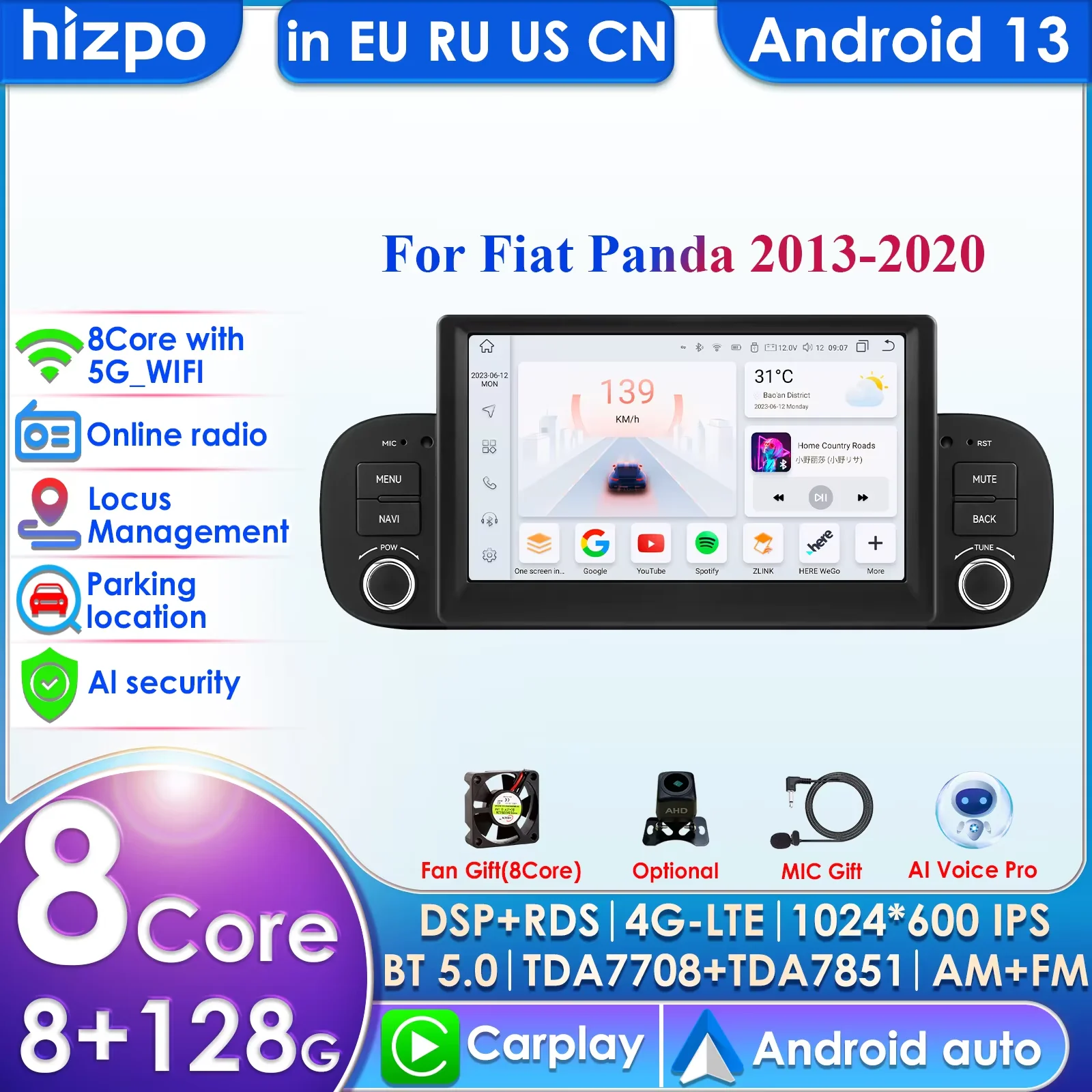 Hizpo Car Radio Player for FIAT PANDA 2013 2014 2015 2016-2020 Multimedia GPS Navigation Autoradio Wireless Carplay Android Auto