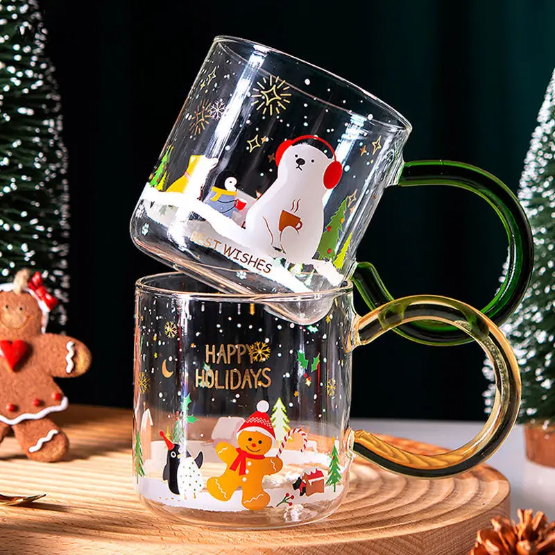 Christmas Themed Glasses Cup with Spoon Milk Coffee Handle Gift Box Give Away Holiday Gift Drinkware Household Products