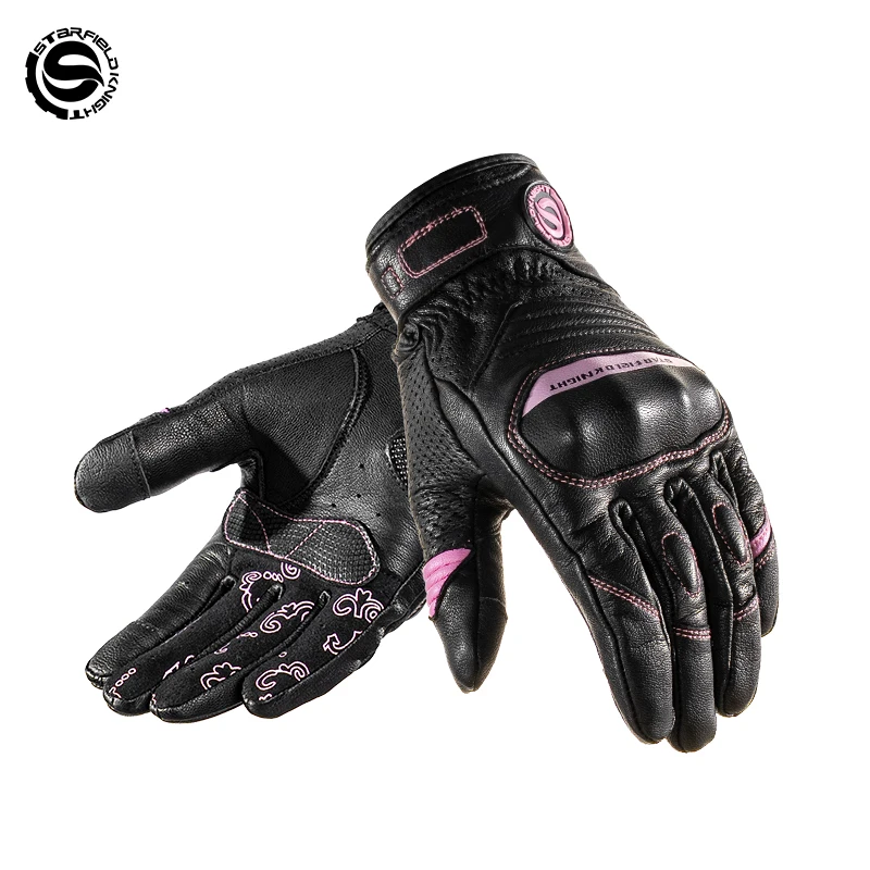 SFK Damen-Motorrad-Reithandschuhe, Gelenkschutz, Sommer, atmungsaktiv, echtes Ziegenleder, rutschfest, verschleißfest, Touchscreen