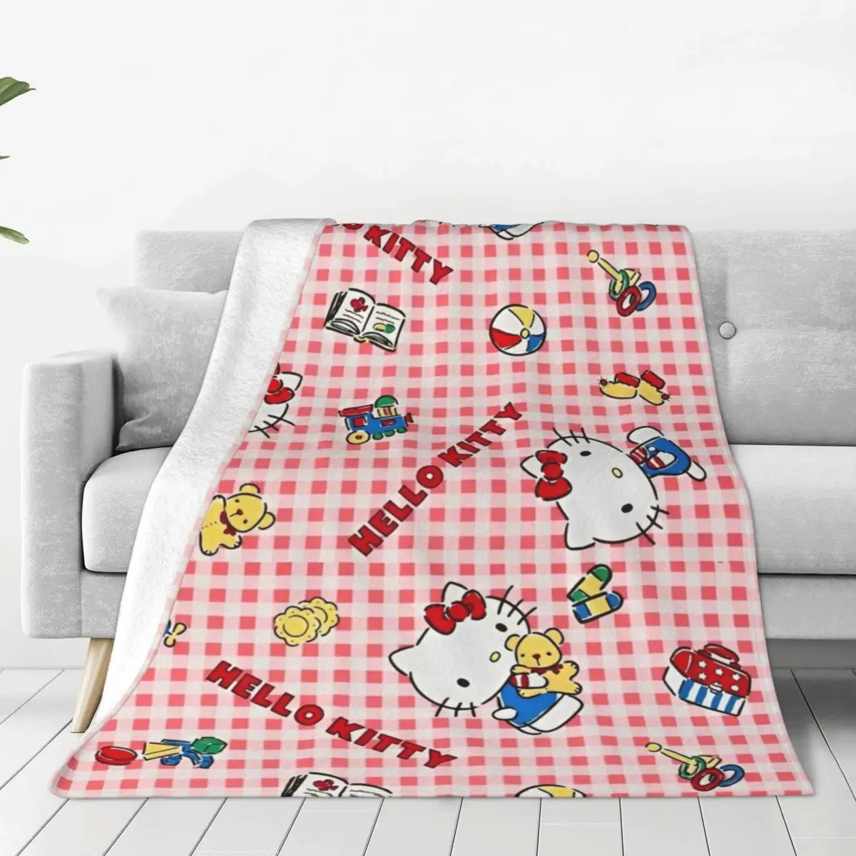 

Official Hello Kitty Red Check Blanket Fleece Summer Breathable Super Warm Throw Blankets for Sofa Couch Rug Piece