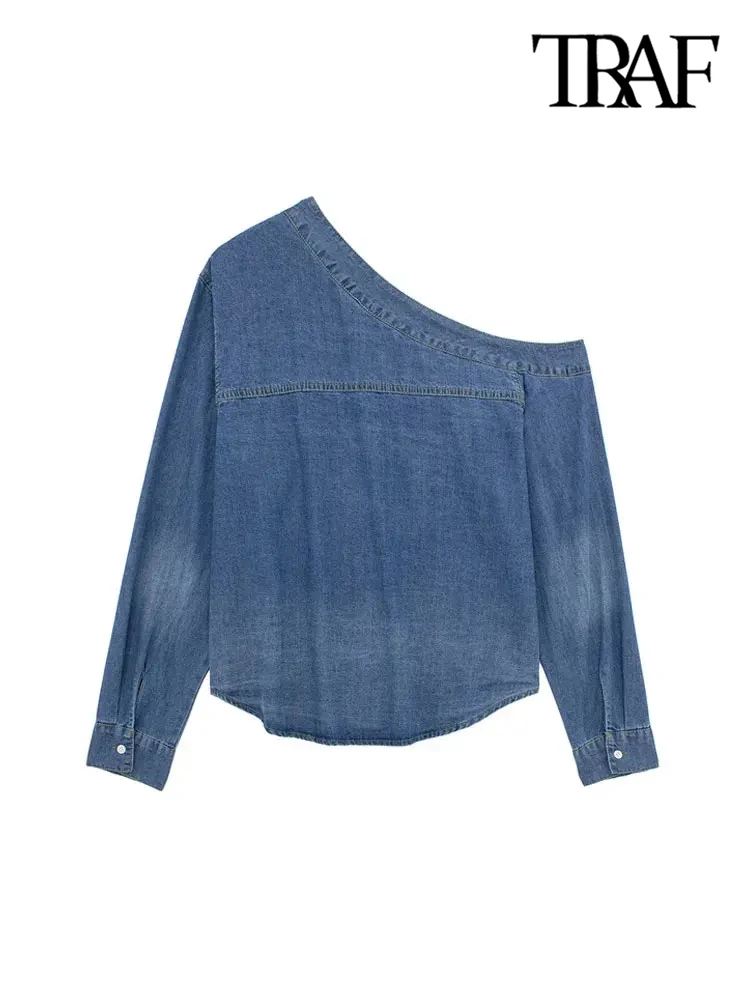 TRAF-Denim Asymmetric Shirts for Women, Long Sleeve, Front Button, Female Blouses, Chic Tops, Fashion