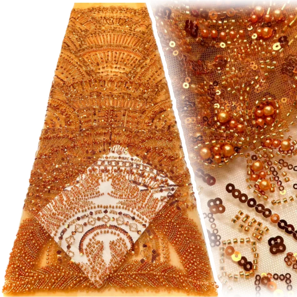 Orangefarbener Perlen-Spitzenstoff, afrikanischer Tüll-Spitzenstoff, 2025, französischer Stickerei-Spitzenstoff für Hochzeit, Party, Nähmaterial CC1732