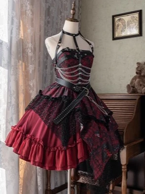 

Subculture Patchwork Dark Gothic JSK Strap Tutu Dress Punk Style Sexy Leather Buckle Off-Shoulder Slim Lace Irregular Mini Dress