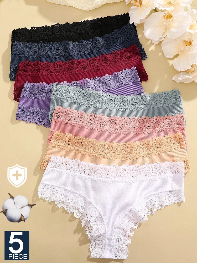 FINETOO 5PCS/Set  Sexy Floral Lace Lingerie Women Cotton Panties Soft Intimate Underwear Underwear Girls Briefs S-XL Underpants