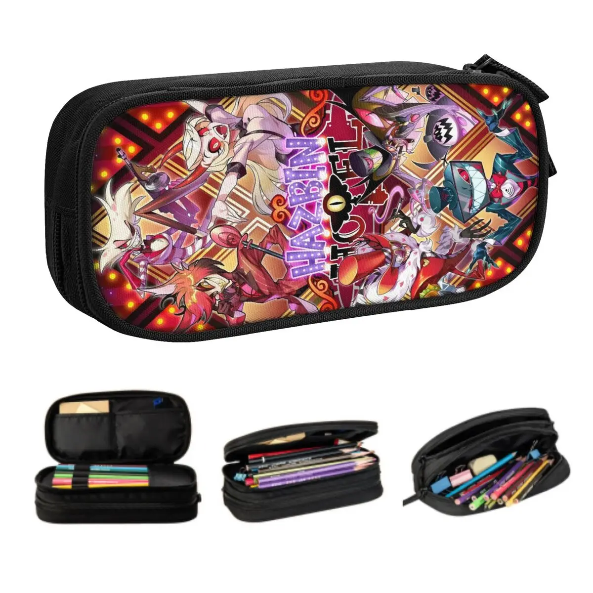 

Пеналы для отелей Kawaii Hazbins на заказ, пеналы для мальчиков и девочек, музыкальная комедия, красочный принт, большая коробка для ручек, сумка, школьные принадлежности