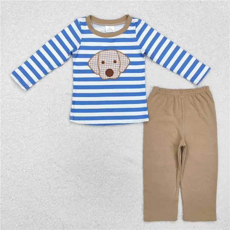 New Fashion Baby Boys Embroidered Duck Puppy Blue aAnd White Striped Long Sleeve Brown Trousers Suit Wholesale Boutique Suit