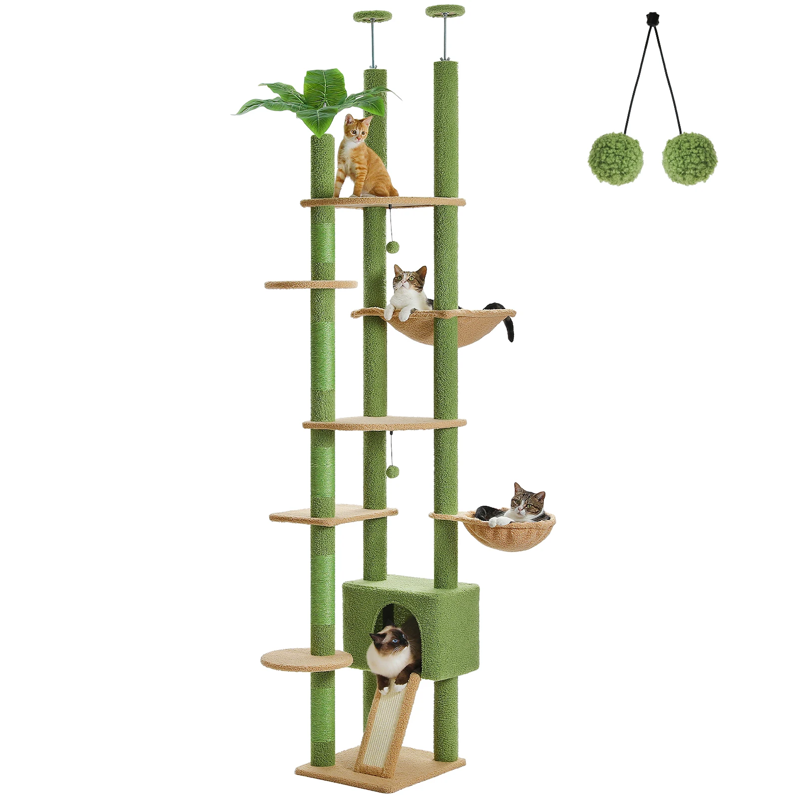 

Cat Tree Cactus Floor to Ceiling Cat Tower Adjustable Height with Cat Condo Cozy Hammock and Scratching Post Tall Activity Tree