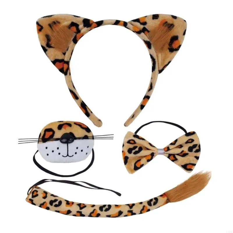 Y3NE Leopard Costume Set Leopard Ear Tail Bows Nose Glove Animal Cosplays Costume