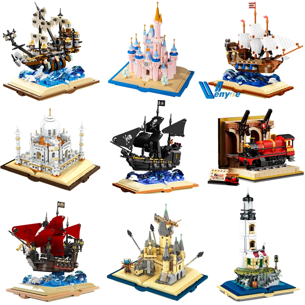 

Creative Magic Book Building Blocks Pirate Ship Model Magic Castle Tower Train Figure 3D Assembled Brick Toys for Birthday Gift