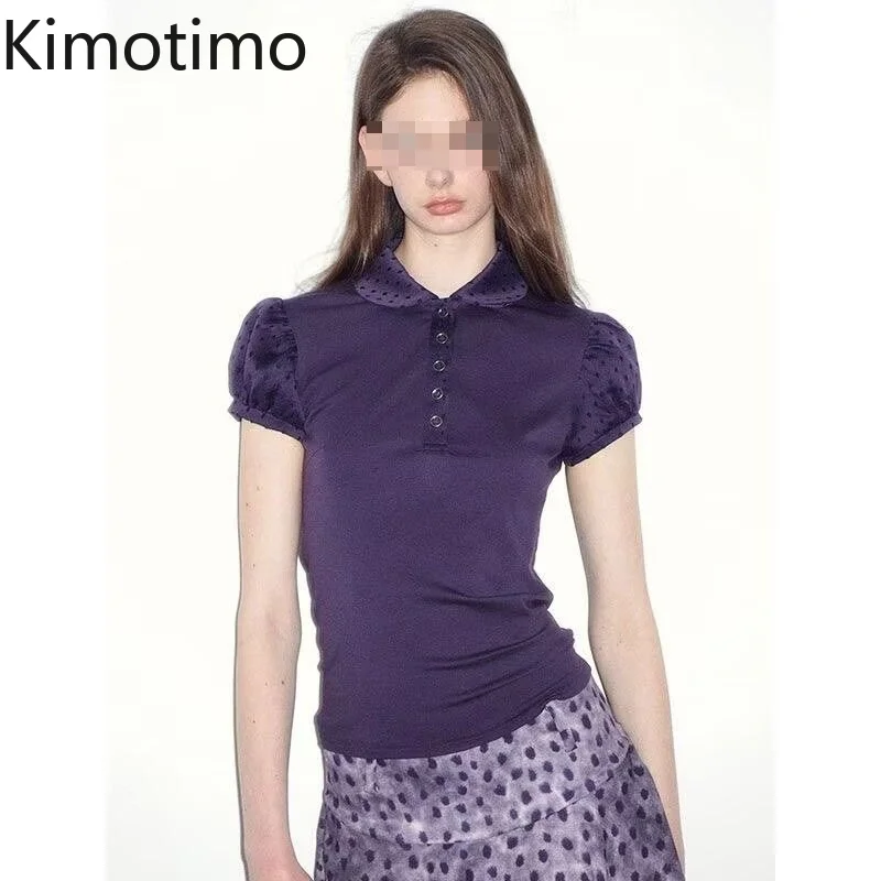 

Kimotimo Summer Purple Polka Dot Puff Sleeve T-shirts Women Vintage Lapel Button Slim Versatile Tops Japanese Y2k Aesthetic Tees