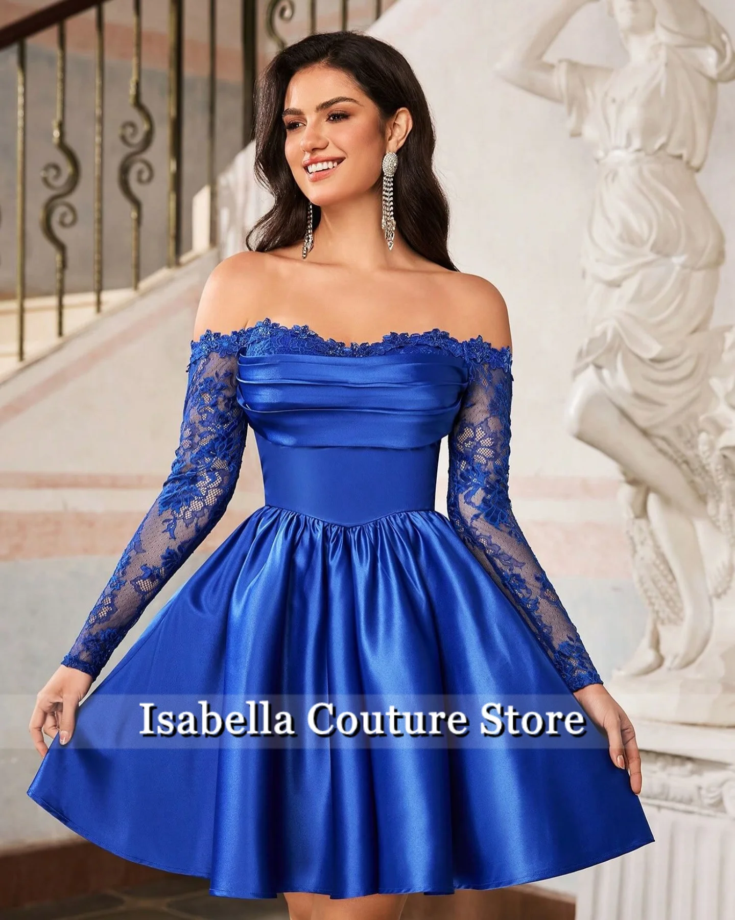 

Royal Blue Off Shoulder Lace Long Sleeves luxurious women's Evening Dresses 2025 Dubai Knee-Length Party Gown Customized