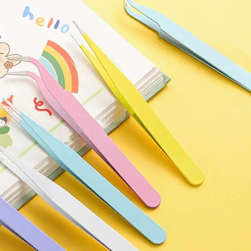 1pc Fashionable Straight Curved Tweezers Colorful Pink Blue Purple DIY Eyelash Tweezer Nail Art Sticker Rhinestones Picking Tool