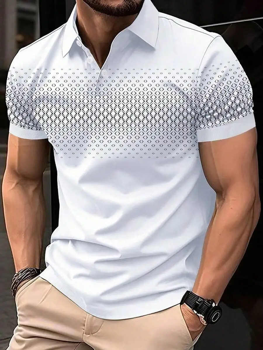 

Men's White Short Sleeve Polo Shirt with Geometric Print Pattern