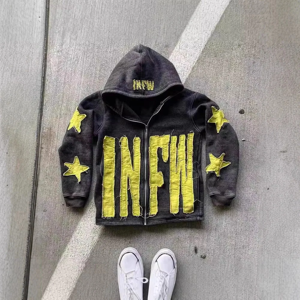 

European American Retro Streetwear Hoodie Long Sleeve 3D Star Print Pullover Oversized Fit Casual Unisex Sweatshirt