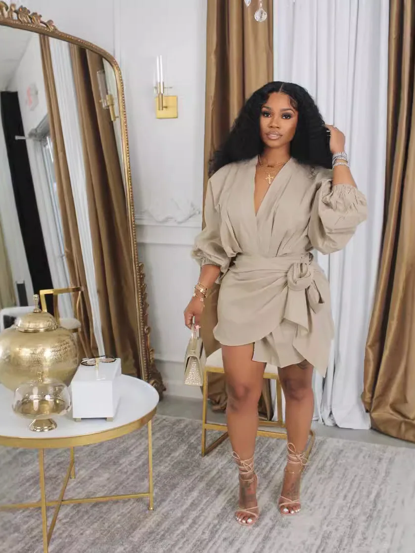 

Женское летнее трикотажное платье с длинным рукавом, V-образным вырезом, приталенное, с завязками на талии, средней длины, H-образного силуэта, повседневное, из полиэстера