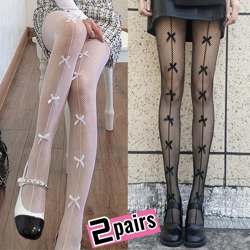 Lolita Bow Knot Fishnet Stockings Women Spicy Girl Black White Sexy Thin Ins Tide Lace Tights Pantyhose Gothic Hollow Out Tights