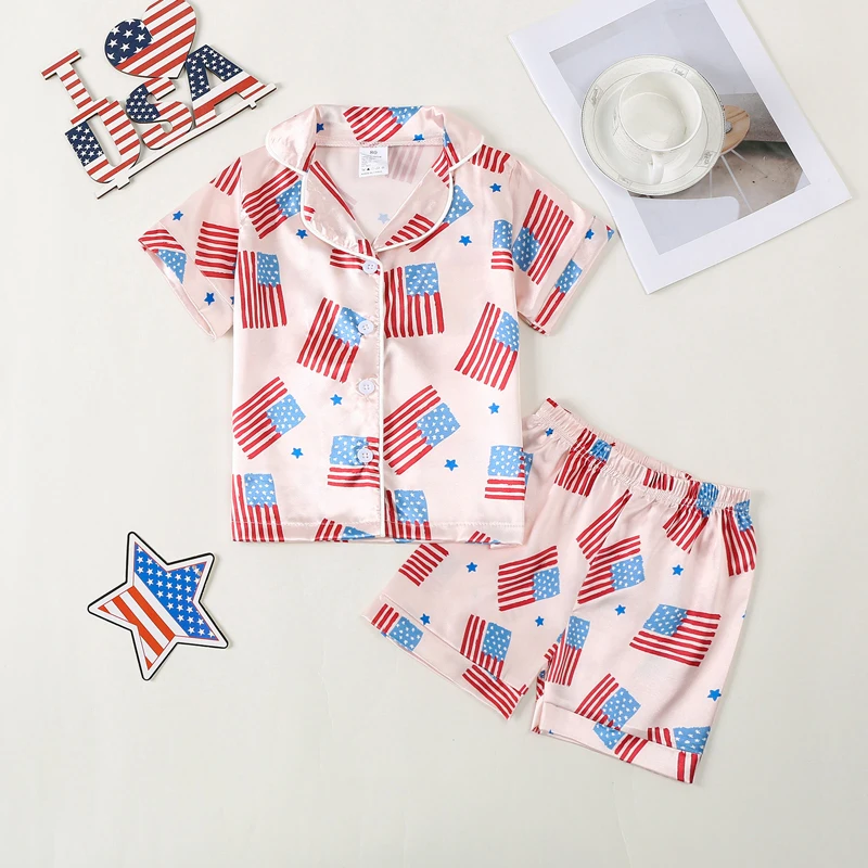 Kids Girls Pajamas Set Flag Print Short Sleeve Button Closure Tops with Elastic Waist Shorts Sleepwear for Independence Day