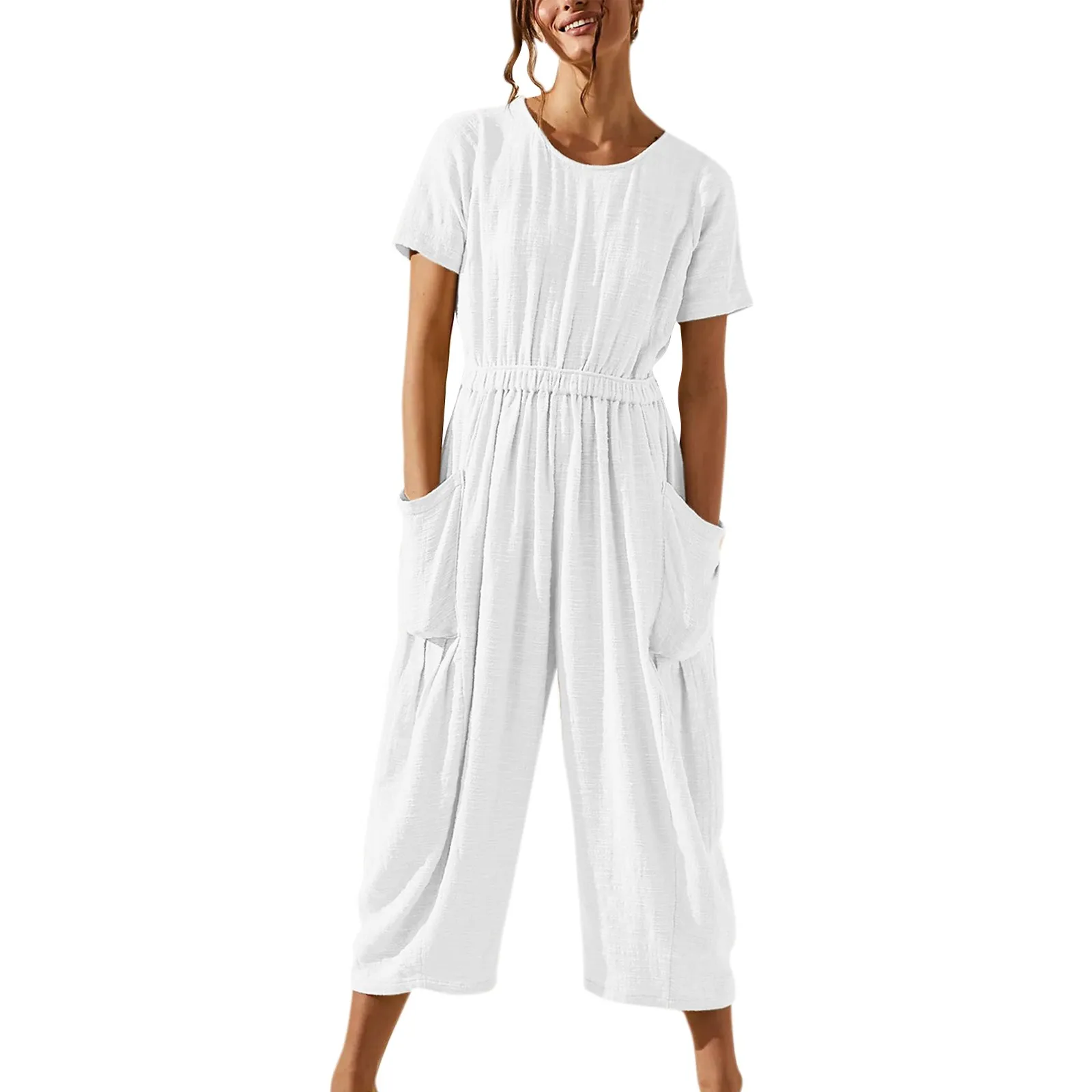 

Women Cotton Linen Jumpsuits Fashion Comfortable Solid Round Neck Short Sleeve Jumpsuits Loose Wide Leg Jumpsuits With Pockets