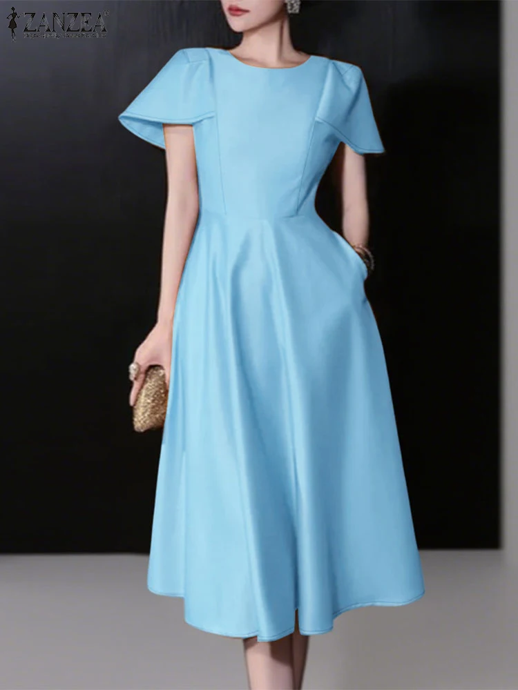 2023 stilvolle Party Kleid ZANZEA Elegante Frauen Arbeit OL Kleider Sommer Kurzarm Solide Vestidos Midi Robe Büro Satin Sommerkleid