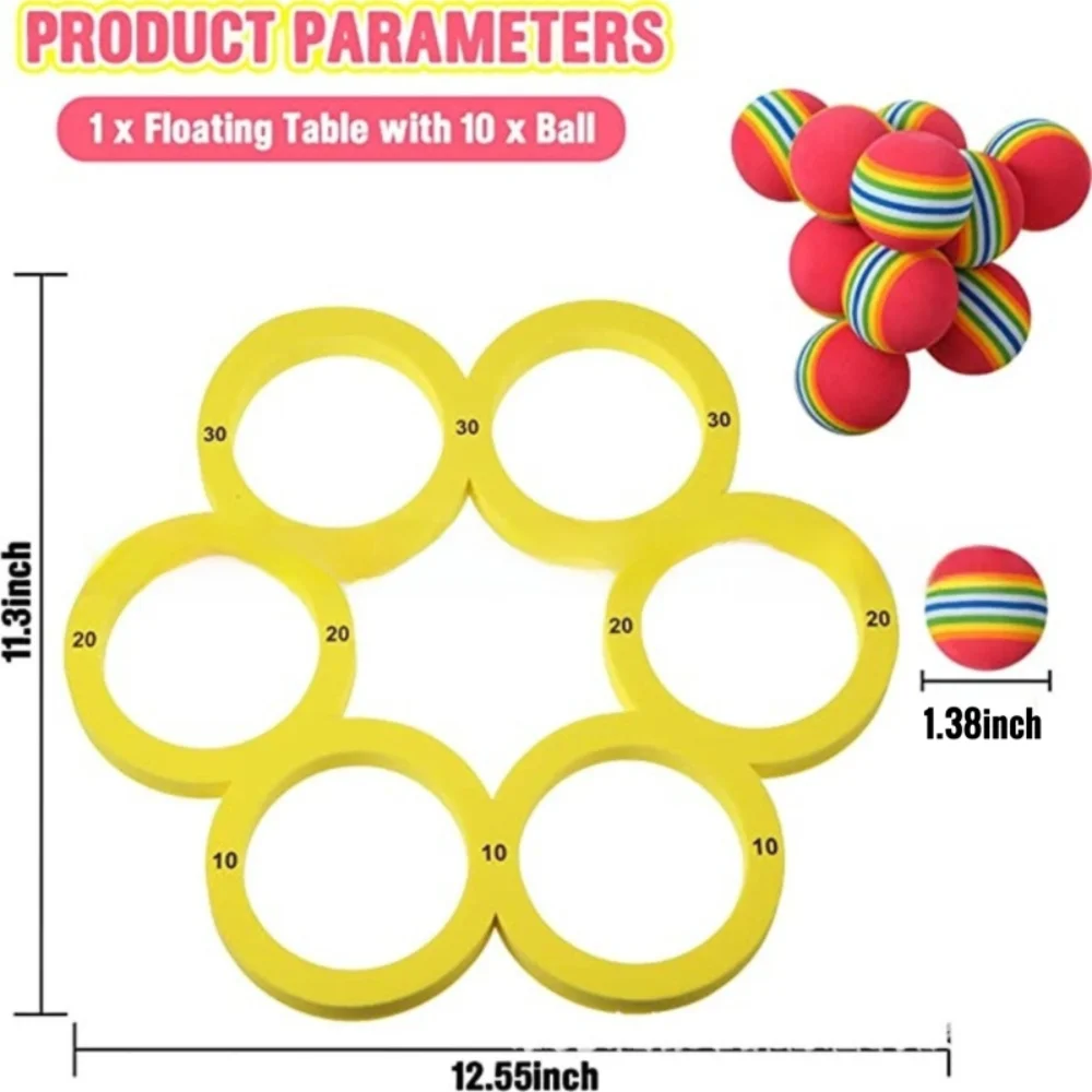 โต๊ะลอยน้ำรูปสามเหลี่ยมทำจาก EVA ทนทาน พร้อมลูกบอล 10 ลูก ชุดวงแหวนคะแนนสำหรับการขว้าง เกมปริศนาผ่อนคลาย สนุกสนานในน้ำช่วงฤดูร้อน