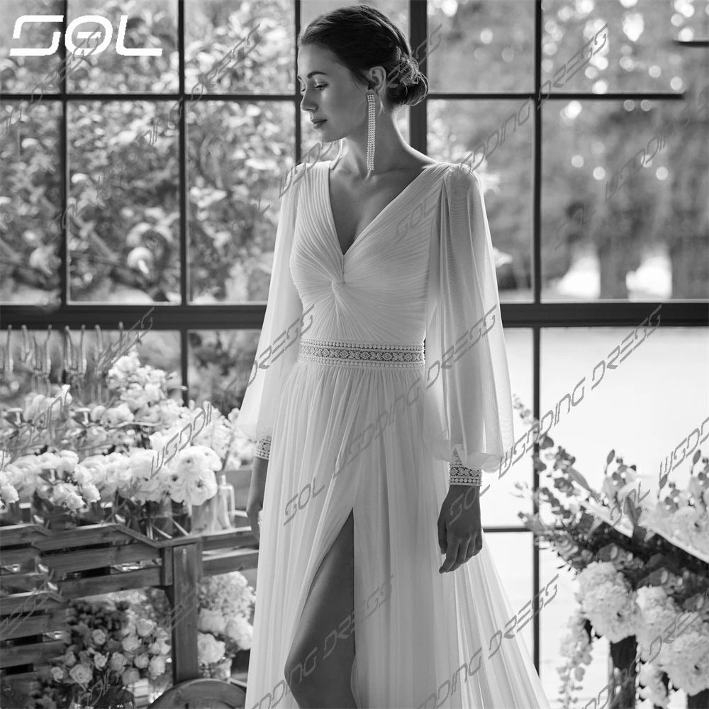 SOL Elegant V-Neck Long Lantern Sleeves High Slit Wedding Dress BOHO Backless Sweep Train Chiffon Bridal Gowns Sexy Custom Made