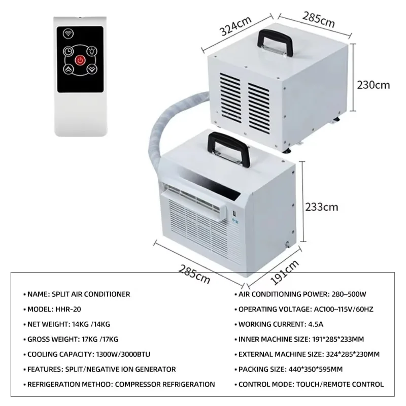 Split-type portable cooling unit with remote control, 3000BTU output, compact mobile air conditioner for car and small space use