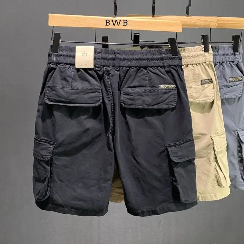 

Wide with Draw String Short Pants for Men Pockets Bermuda Loose Mens Cargo Shorts Baggy Solid Half Elastic Waist Long Vintage