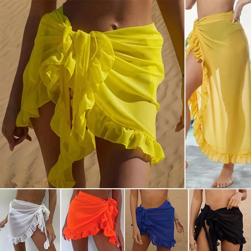 MultiColors Summer Women Short/long Sarong Ruffle Swimsuit Coverup Beach See-Through Bikini Wrap Sheer Skirt Chiffon Skirt Scarf