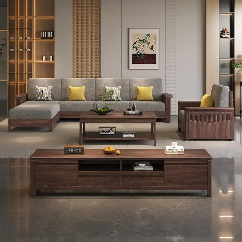 โซฟาไม้แบล็ควอลนัทแท้ ดีไซน์โมเดิร์นเรียบง่าย เหมาะสำหรับอพาร์ทเมนต์ขนาดเล็ก ใช้ได้ทั้งฤดูหนาวและฤดูร้อน สำหรับห้องนั่งเล่นแบบมุม