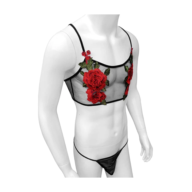 

See Through Mens Embroidery Lingerie Set With Thong Bikini Top Bra Set for sissy Gay Adjustable Strap Men Bra Clubwear Nightwear