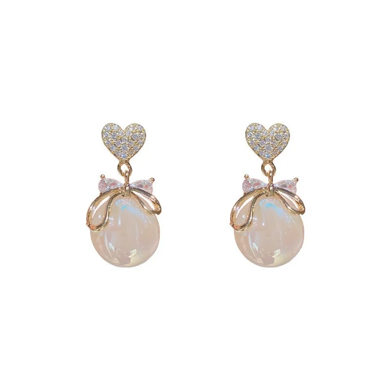 2024 New Senior Fashion Fine Pearl Temperament Drop Earrings Fresh Shiny Crystal Bowknot Women Heart Dangle Earrings Jewelry