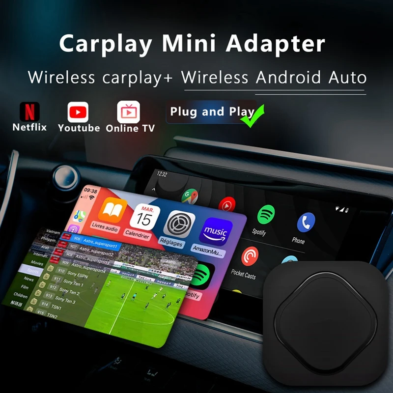 NEW-Wireless Carplay Ai Box Wireless Android Auto Adapter Upgrade GPS TV Live, Global TV Channel ,HDMI Output ,USB Disk Play