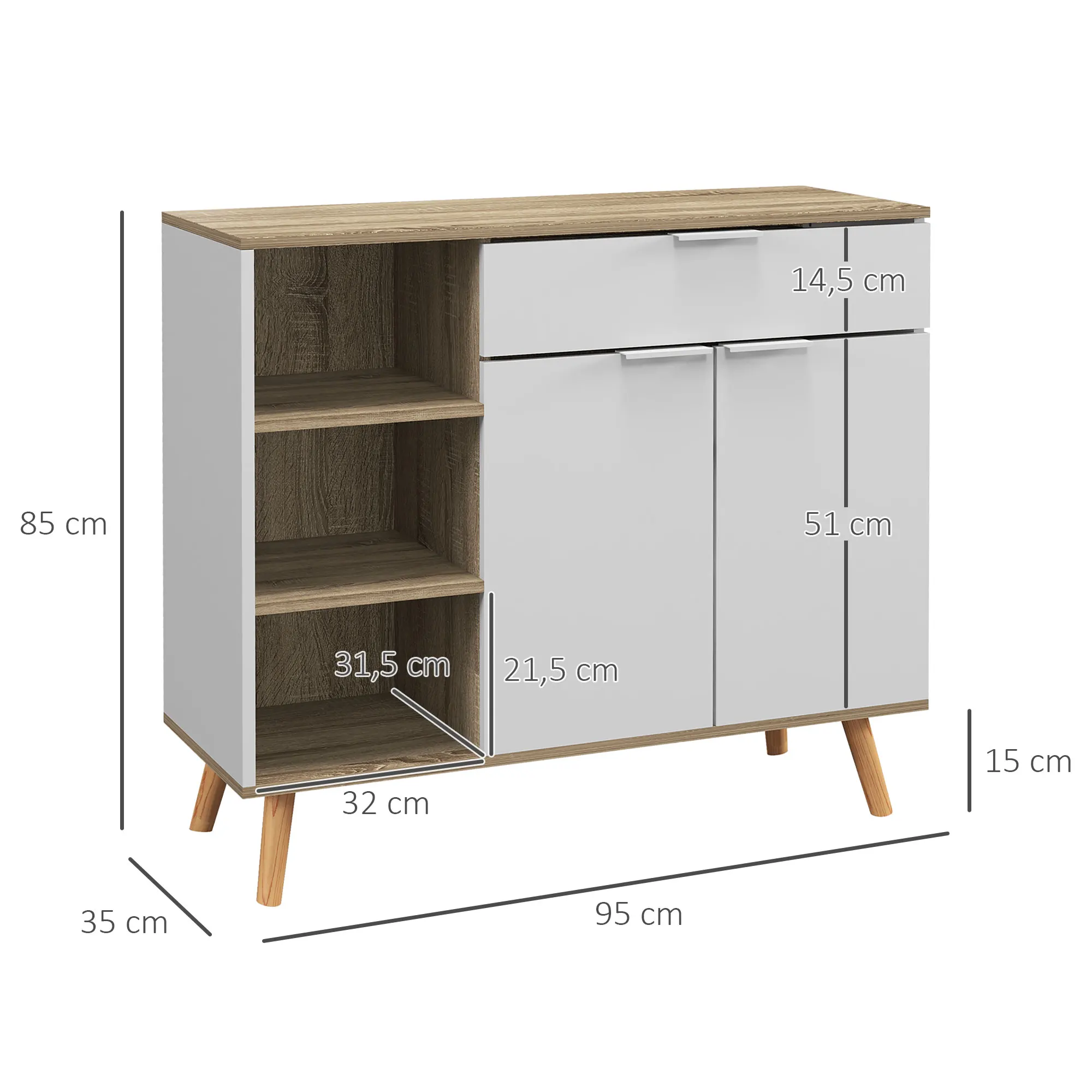 HOMCOM modern living room sideboard with 1 drawer 95x35x85 cm Natural White