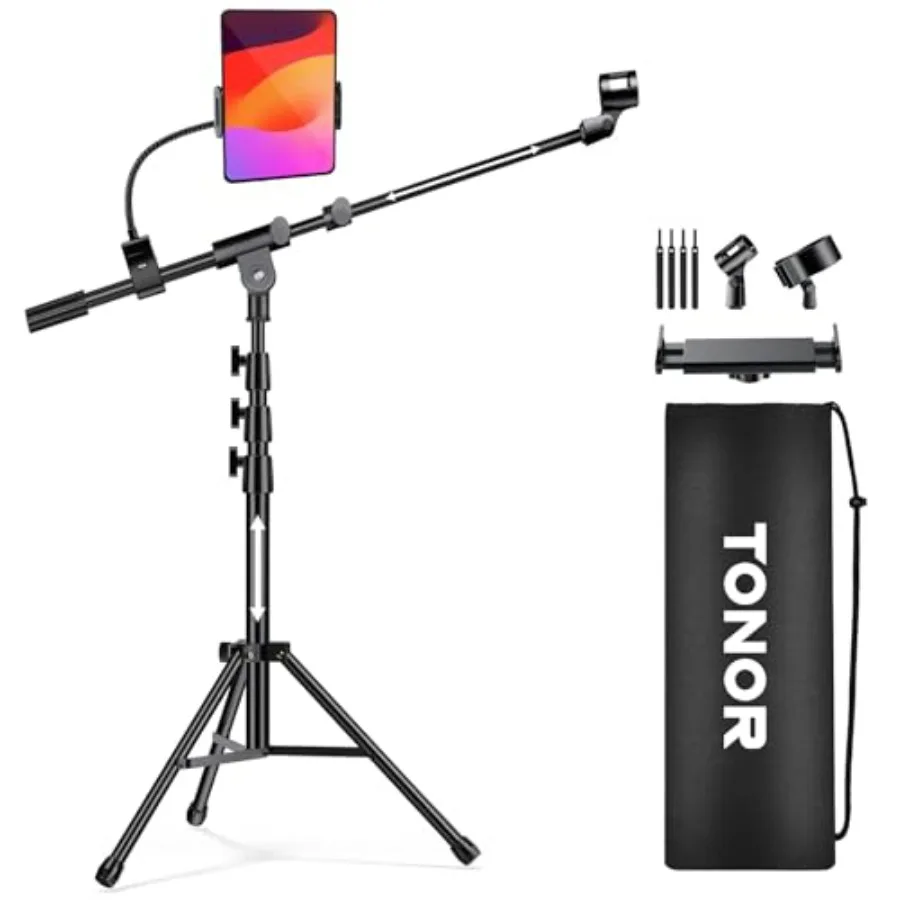 

TONOR Microphone Stand with Tablet Holder Tripod Boom Arm for Floor Adjustable Height and Angle Heavy Duty Stand with Carrying