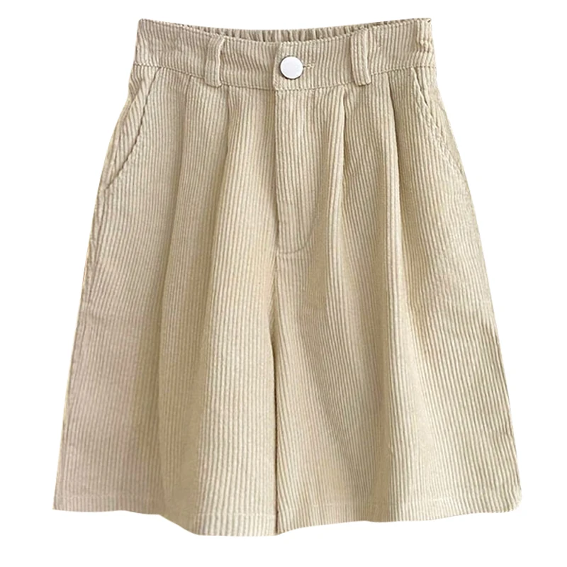 Frauen Herbst Winter Vintage Hohe Taille Breite Bein Cord Shorts Dame Casual Einfarbig Lose Kurze Hosen