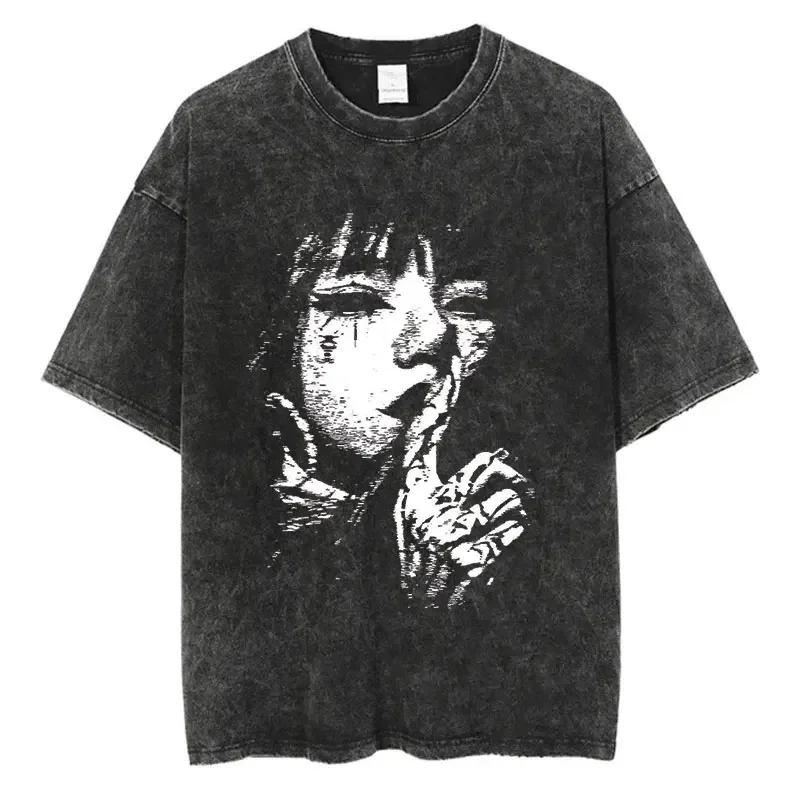 

Men Fashion Washed T Shirt Streetwear Graphic Print Harajuku Hip Hop T-Shirt Summer Black Short Sleeve Cotton Loose Tops Tees