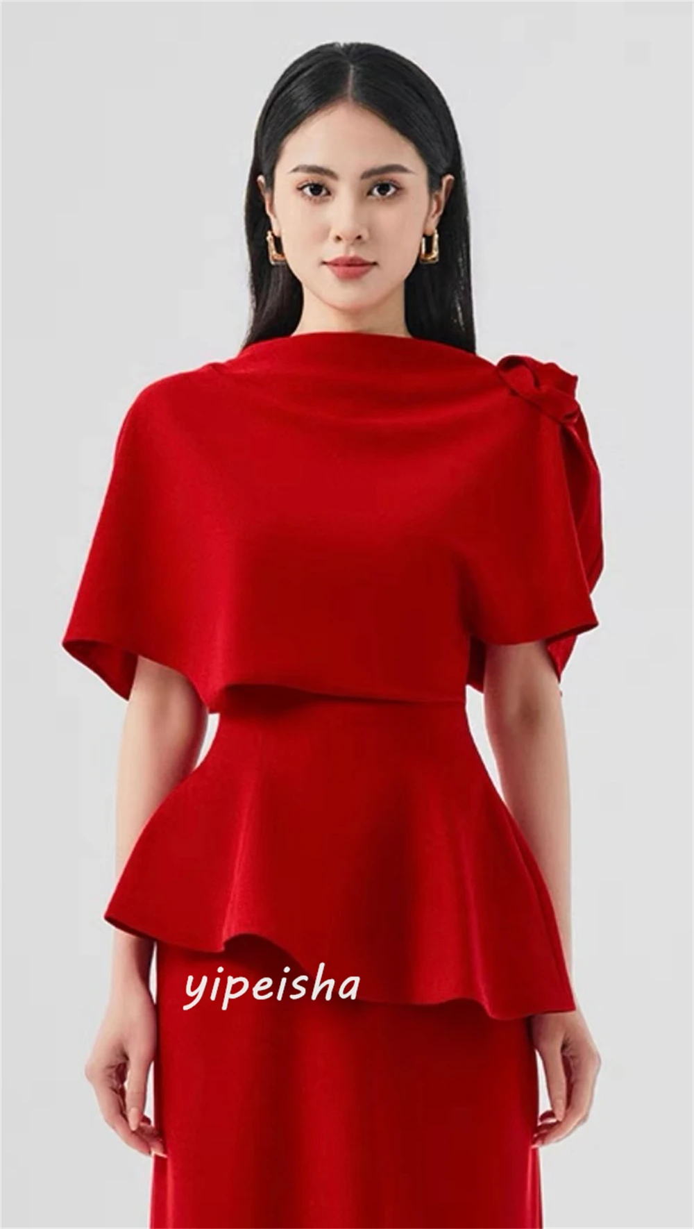 Jiayigong  Satin Flower Draped Tiered Beach A-line High Collar Bespoke Occasion Gown Long Sleeve Dresses