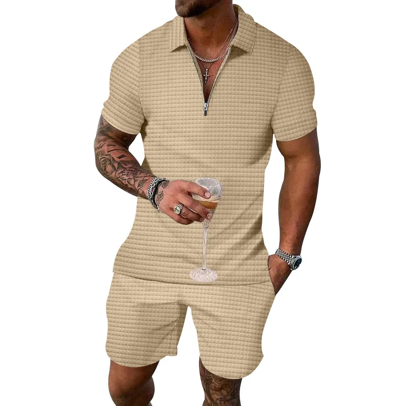 

European and American cross-border men's short-sleeved shorts summer small square casual loose half zipper lapel suit men