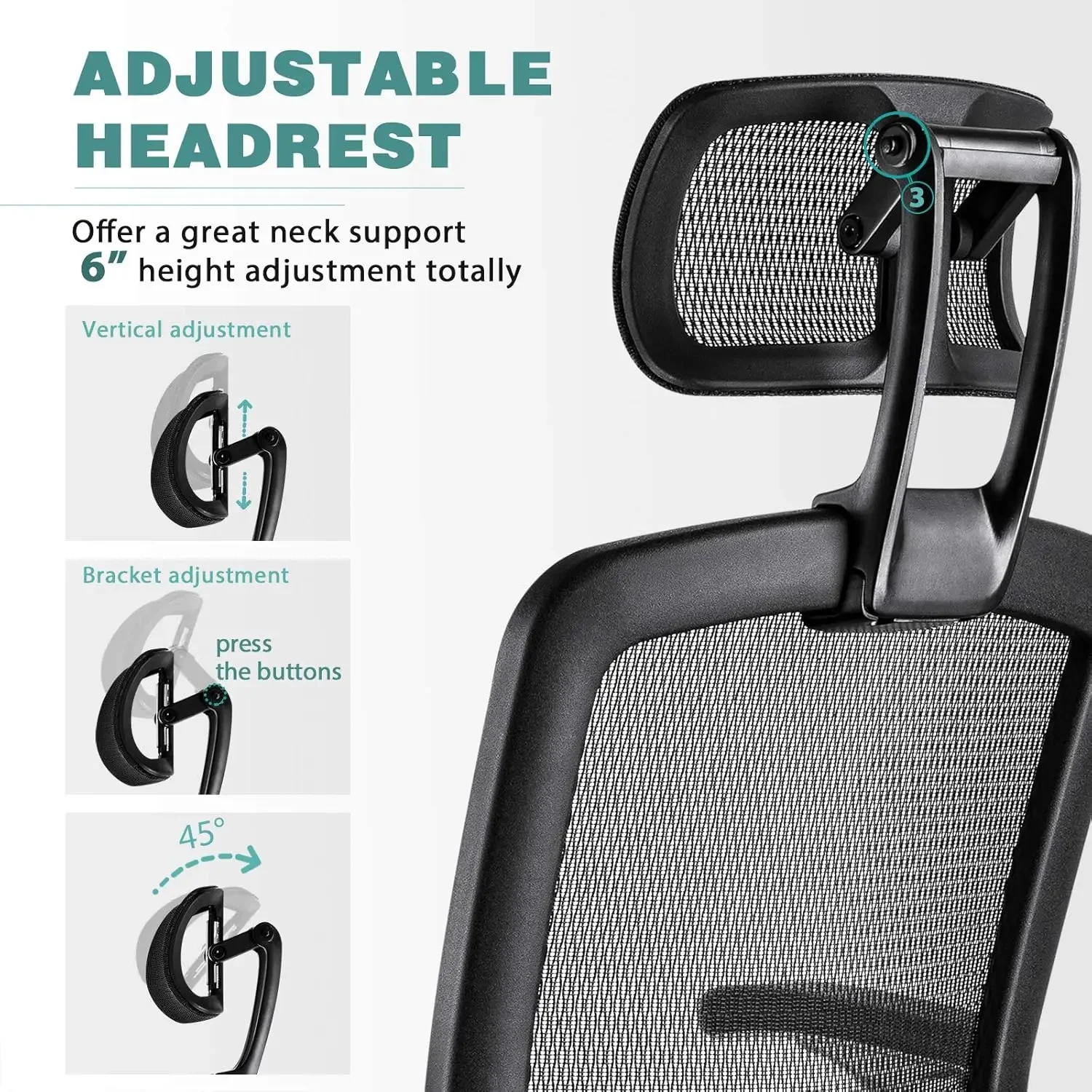 GABRYLLY silla ergonómica de oficina de malla, asiento de escritorio con espalda alta, reposacabezas ajustable con brazos abatibles, función de inclinación