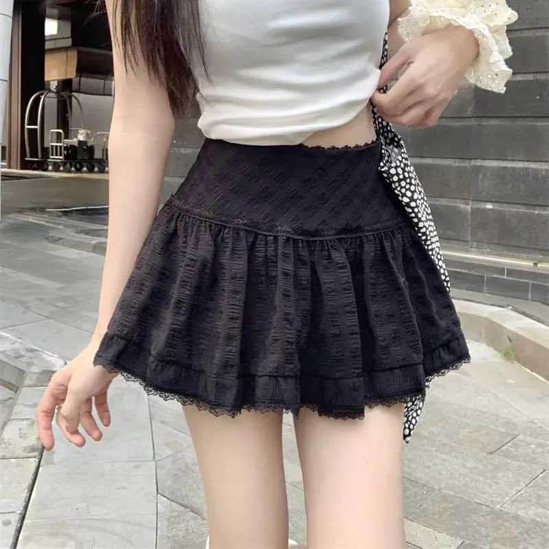 Lace Splicing Mini Skirts Women Summer Fashion Lolita White Pleated Skirts Korean Low Waist Streetwear All-match A-line Skirts