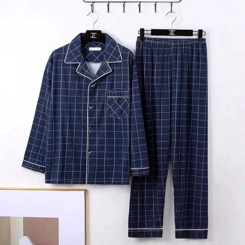 Large Size Men Pyjamas Long-Sleeved Fall and Winter Sleepwear Homewear 2PCS Set Cardigan Plaid Top Trousers Nightwear Loungewear