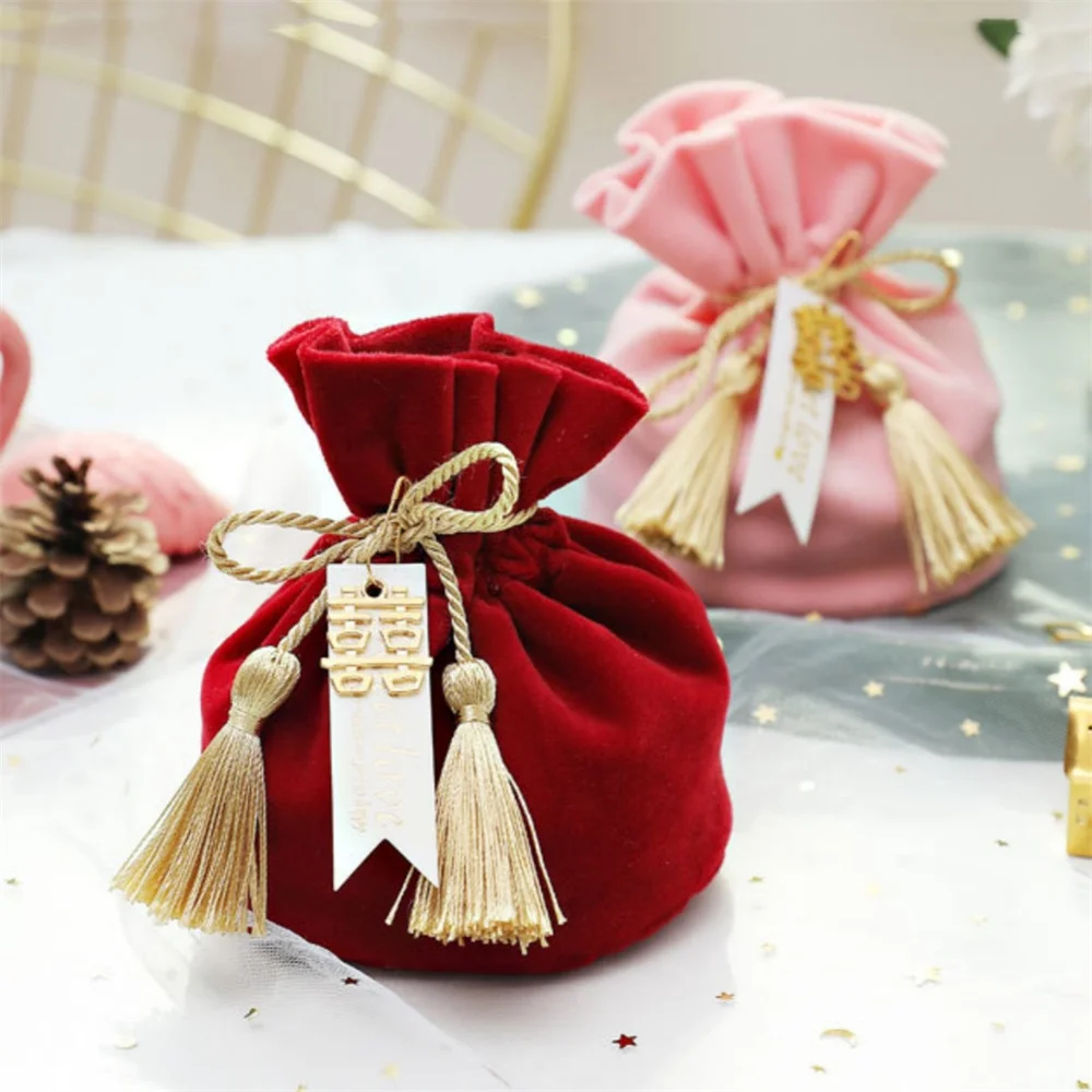 Red Wedding Candy Bag Velvet Bags Wedding Handheld Candy Box Drawstring Bag Pocket Party Gift Wrapping Boxes