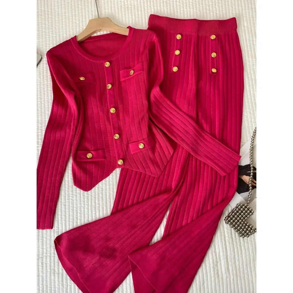 Chic Knitted Two-Piece Sets O-neck Metal Button Long Sleeve Top and High Waist Pants High Street Autumn Winter Elastic Clothing