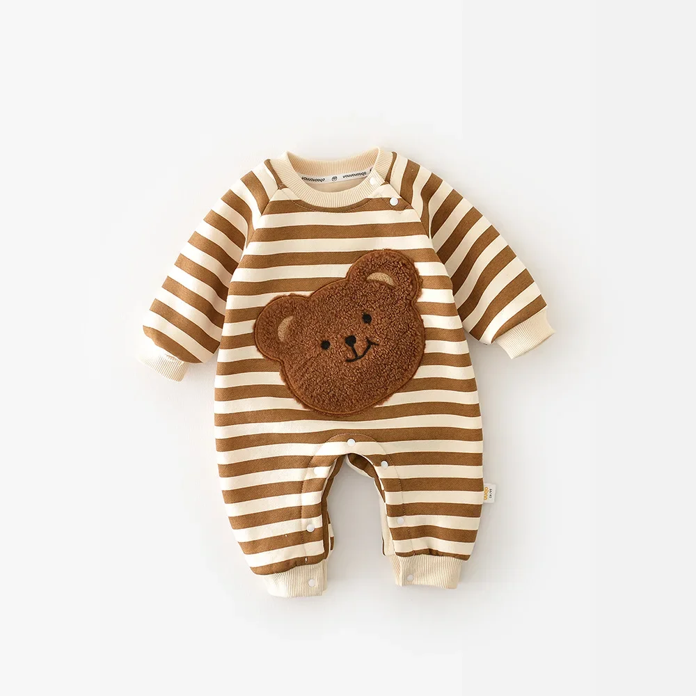 Spring Baby Rompers Thicken Lining Boys Jumpsuits Cartoon Bear Stripes Outfit