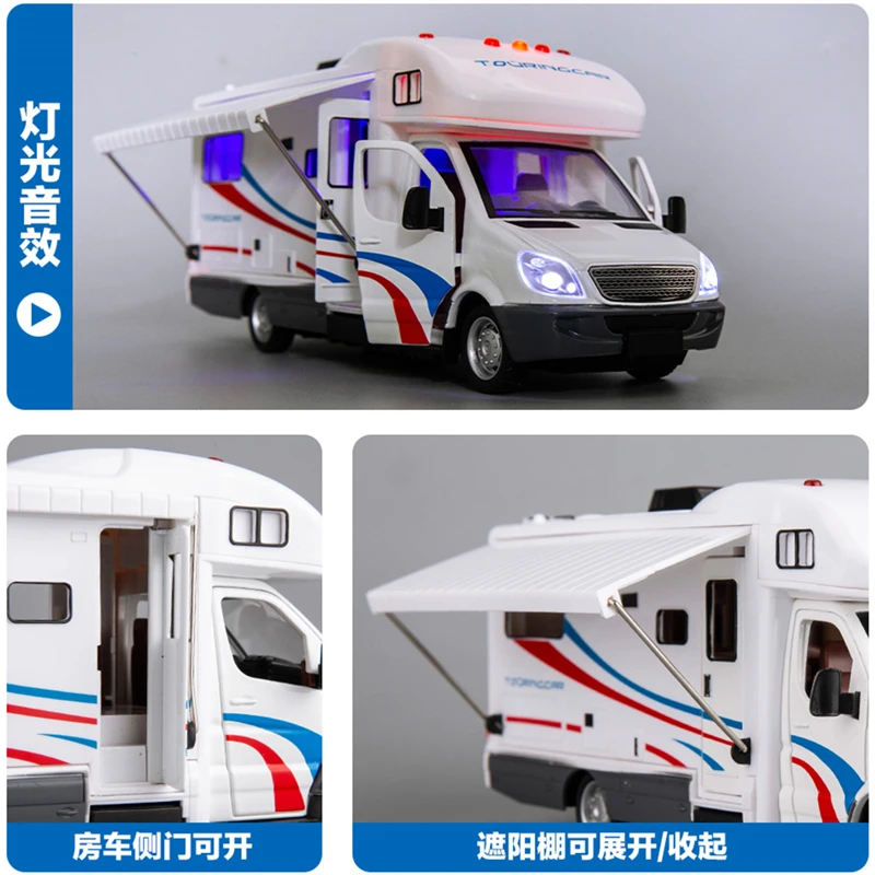 1:28 Diecast Luxury RV Recreational Vehicle Car Model Metal Camper Van Motorhome Touring Car Model Sound and Light Kids Toy Gift